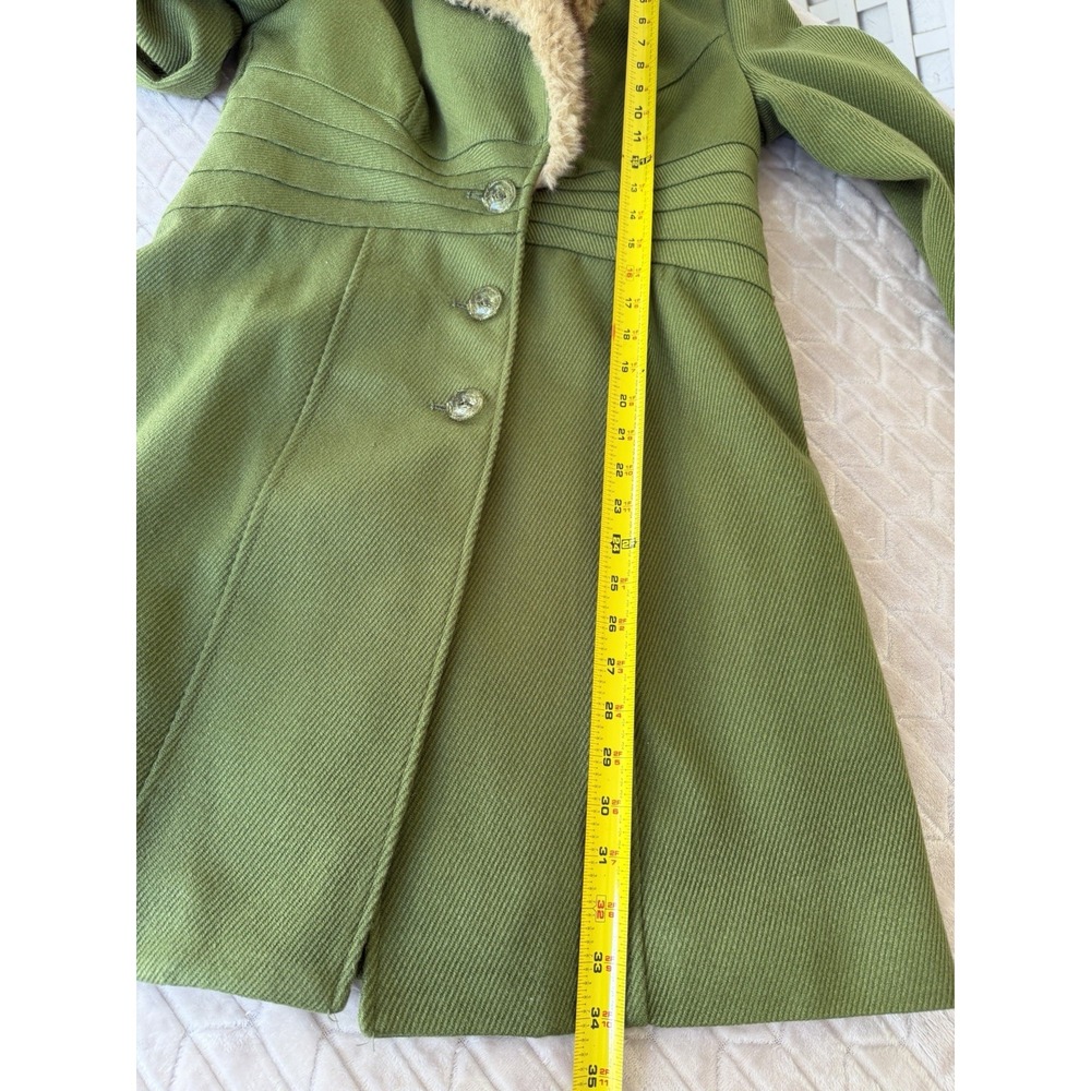 Rampa Olive Green Faux Fur Collar Fit & Flare Coat Vintage Y2K Fall Large - Picture 12 of 14